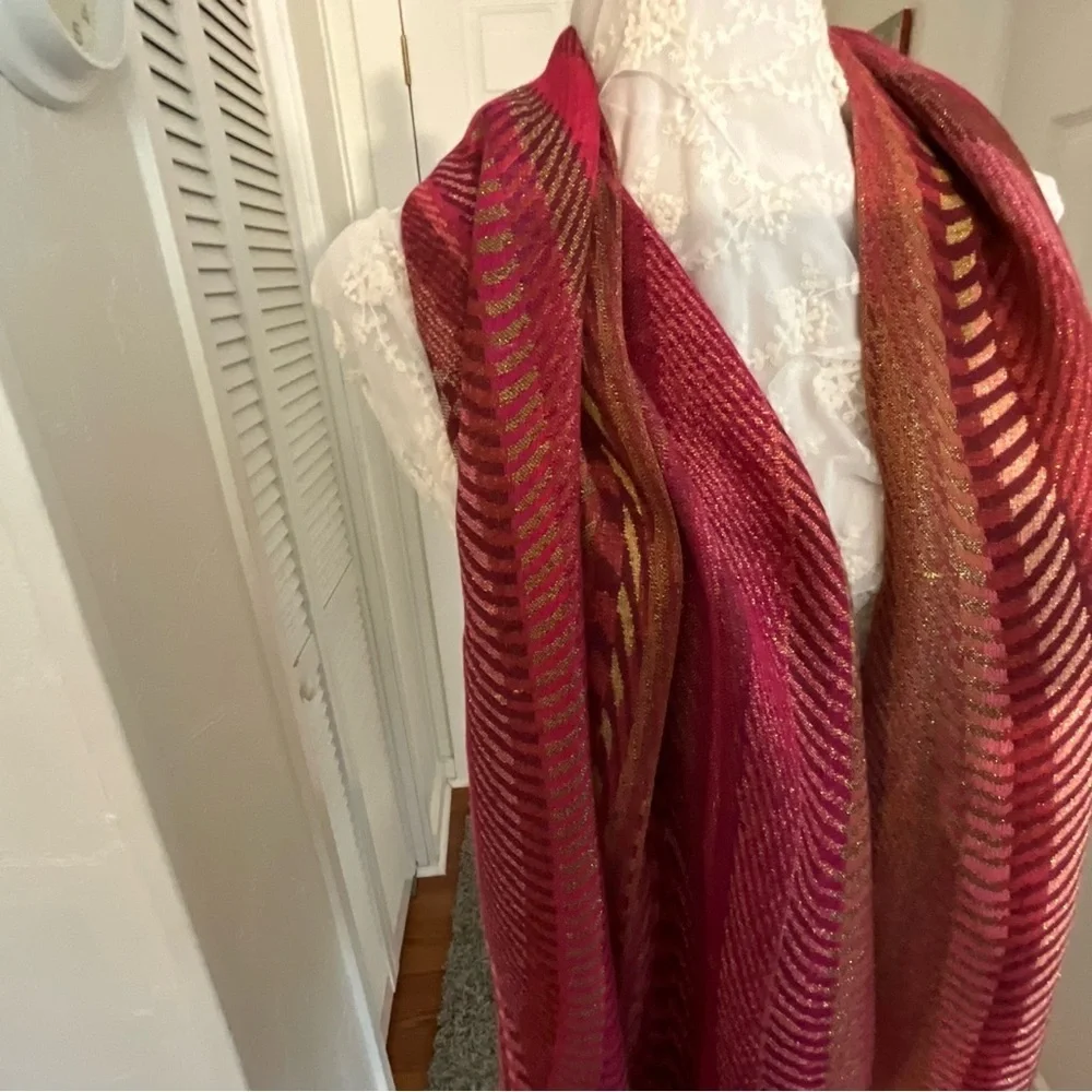 Burgundy Gold Metallic Striped Pashmina Fringe Scarf